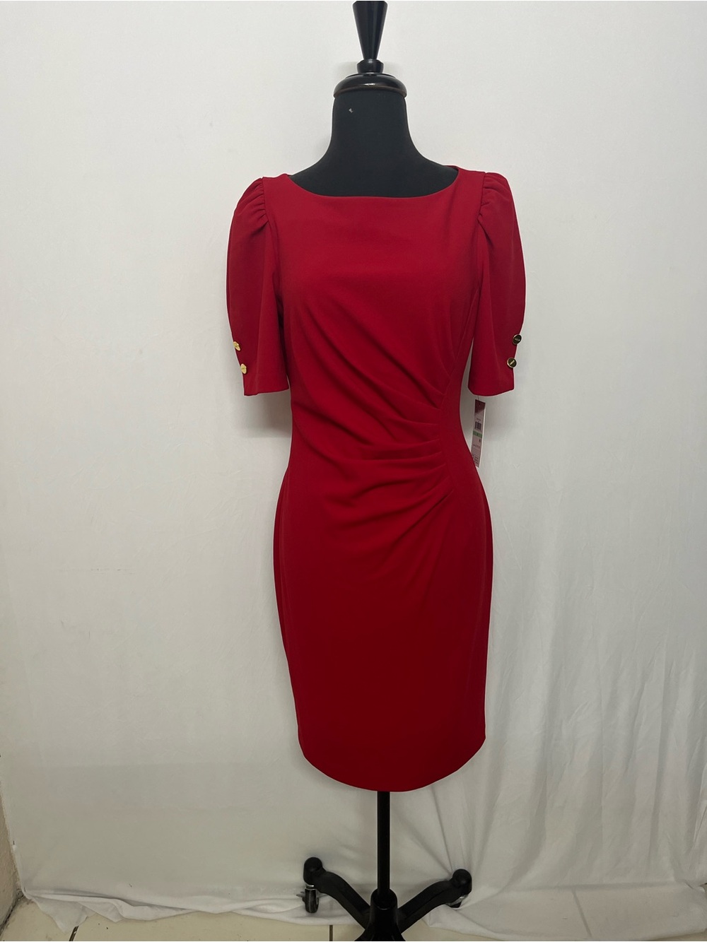 DKNY Sleek Red Midi Sheath Dress with Buttoned Puff Sleeves
